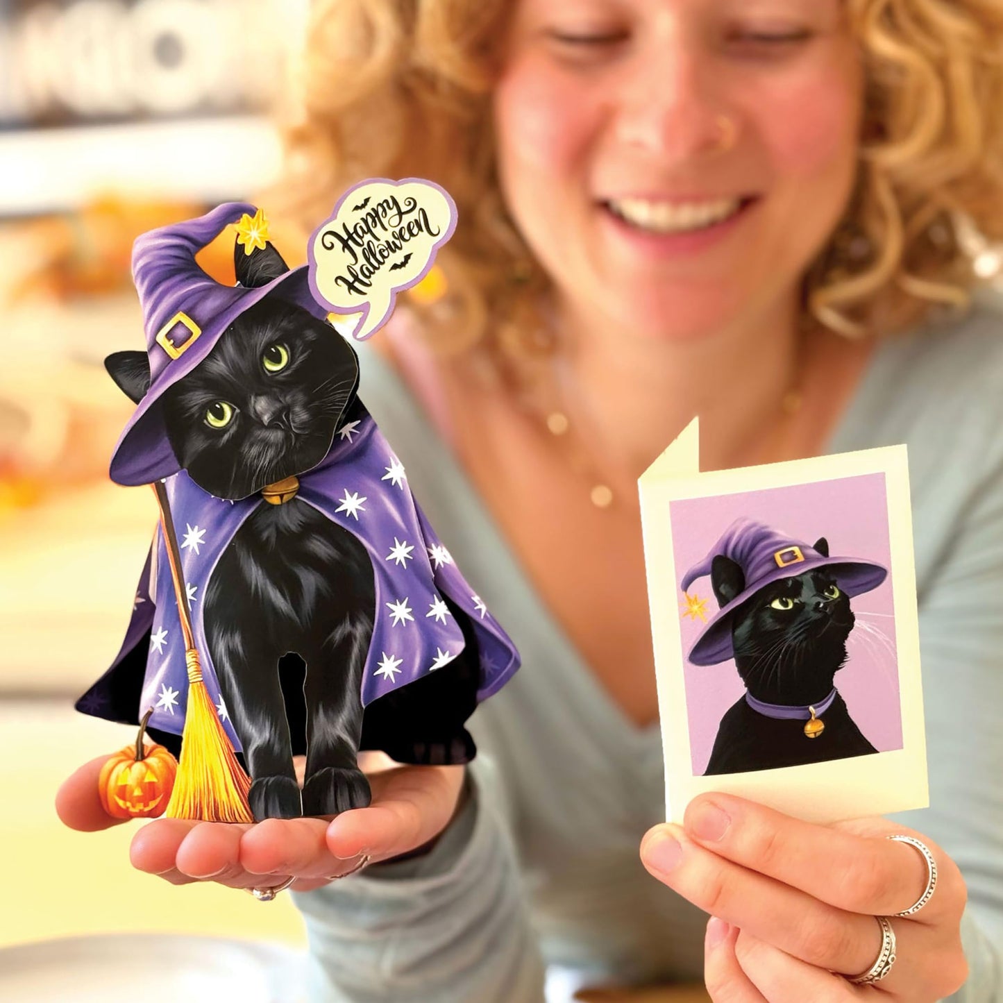 Freshcut Paper Pop Up Cards, Mini Halloween Cat, 6 Inch Mini Sized 3D Cat Gifts, Popup Greeting Card, Halloween Cards, October Card, Blank Notecard & Envelope