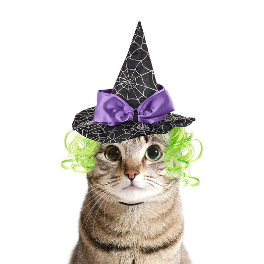 LESYPET Cat Halloween Costume Hat Dog Hat, Wizard Hat with Green Wig for Dog Cat Cosplay for Halloween, Christmas, Party