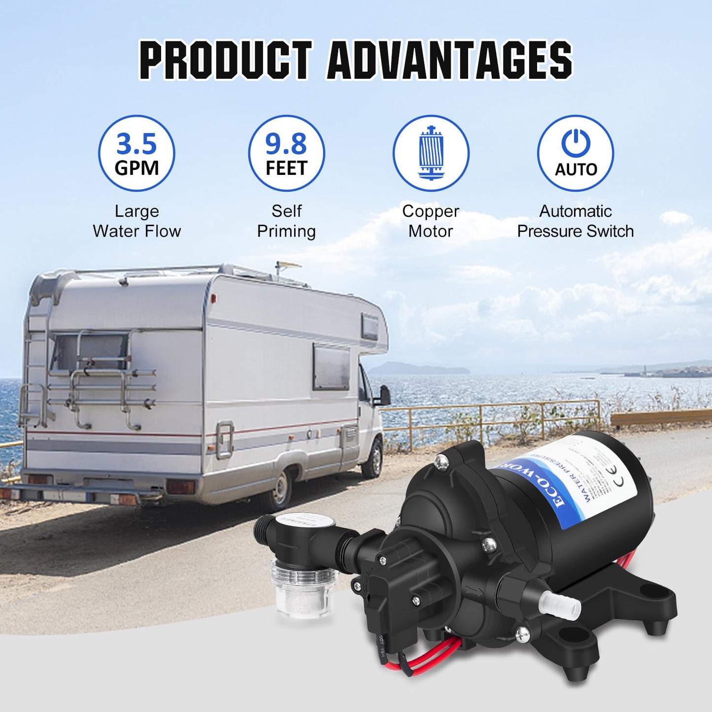 ECO-WORTHY RV Fresh Water Pump 12V DC 3.5GPM 45PSI with Pressure Switch, 12Volt Self Priming Water Pressure Diaphragm Pump On demand for RV Yacht Camper Sprayer Food Truck Black