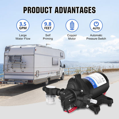 ECO-WORTHY RV Fresh Water Pump 12V DC 3.5GPM 45PSI with Pressure Switch, 12Volt Self Priming Water Pressure Diaphragm Pump On demand for RV Yacht Camper Sprayer Food Truck Black