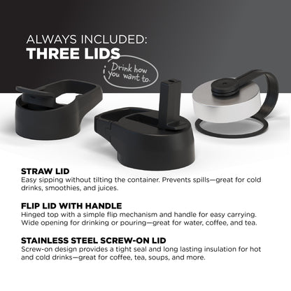 IRON °FLASK Camping & Hiking Hydration Flask with 3 Lids - Stainless Steel, Double Walled & Vacuum Insulated Water Bottle - Leak Proof & BPA Free (Midnight Black, Straw - 32 oz)