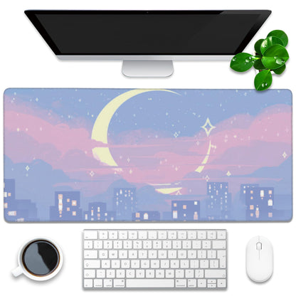Desk Mat, Anime Moon City Night Scene Extended Gaming Mouse Pad Large, 35.4"x15.7" Big Mouse Pad with Non-Slip Base and Stitched Edge, Long Computer Keyboard Mouse Mat for Home Office Work