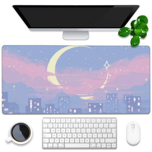Desk Mat, Anime Moon City Night Scene Extended Gaming Mouse Pad Large, 35.4"x15.7" Big Mouse Pad with Non-Slip Base and Stitched Edge, Long Computer Keyboard Mouse Mat for Home Office Work