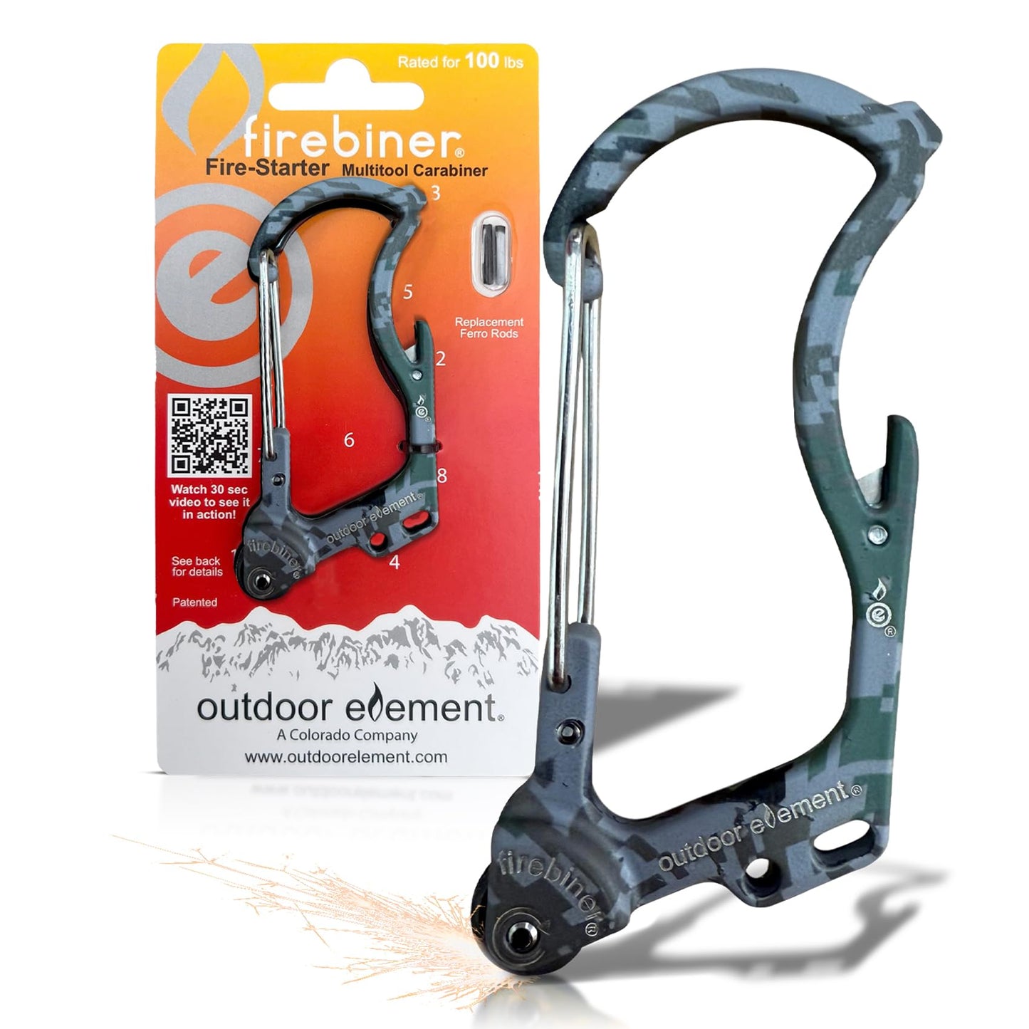 Firebiner 6-in-1 Fire-Starting Carabiner EDC Emergency Multitool -Keychain,Utility Blade,Bottle Opener,& More-Camo Gray