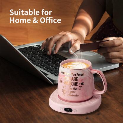 Coffee Mug Warmer & You are Awesome Mug Set, Electric Cup Warmer for Desk Office Home, Beverage Warmer with 3 Temperature Setting, 8-Hours Auto Shut Off, Best Birthday Present Ideas for Women