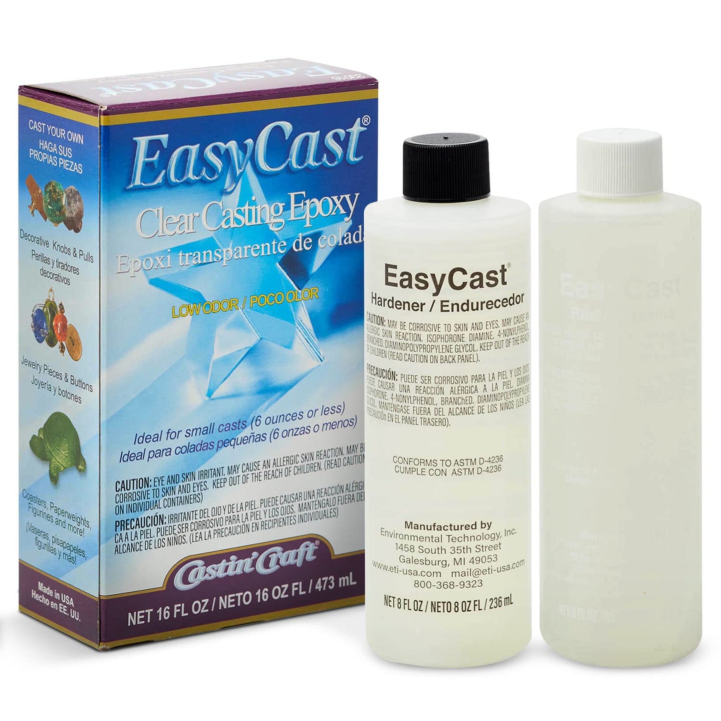 Environmental Technology EasyCast Crystal Clear Casting Epoxy Mix (2-Part Kit) For Coating of Small Arts & Crafts, Wood, Jewelry Making | Low Odor & Solvent Free | 8 oz Resin + 8oz Hardener (16 ounce)