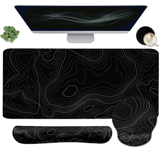 4-in-1 Gaming Mouse Pad Wrist Support Set，Desk Pad + Mouse Pad with Wrist Rest + Keyboard Wrist Rest + Coaster, Ergonomic Design for Home Office Study Game - Topographic Contour