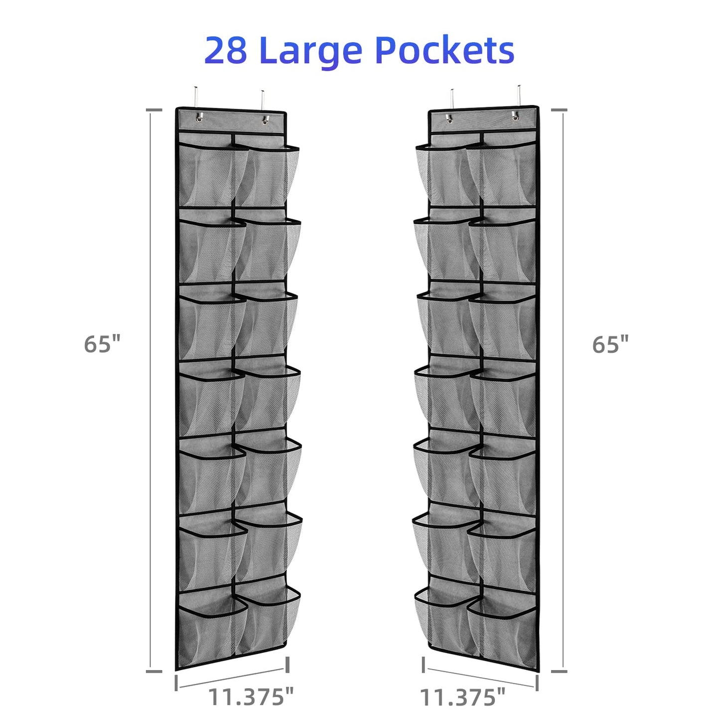 KEEPJOY Over the Door Shoe Organizer, Hanging Shoe Organizer with 4 Hooks,Door Shoe Holder with 14 Mesh Deep Pockets Closet Door Shoe Storage Bag (Grey-2Pack)