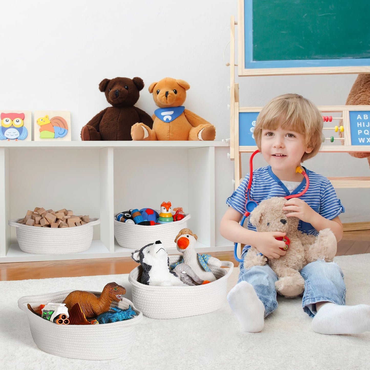 2 Pack Small Woven Basket with Gift Bags and Ribbons, Empty Decorative Gift Chest Box, Cute Baby Gift Basket for Nursery, Cotton Rope Room Shelf Storage Basket with Handles, All 12"x 8"x 5",White