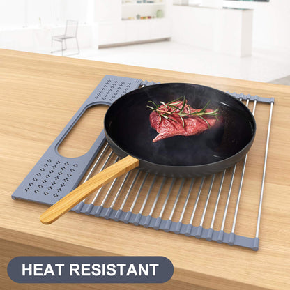 LEMIKKLE Roll Up Dish Drying Rack 17.5" x 15.2" Over The Sink Dish Drying Rack, Multi-Purpose Kitchen Rolling Dish Drainer Foldable SUS 304 Stainless Steel Dish Drying Rack