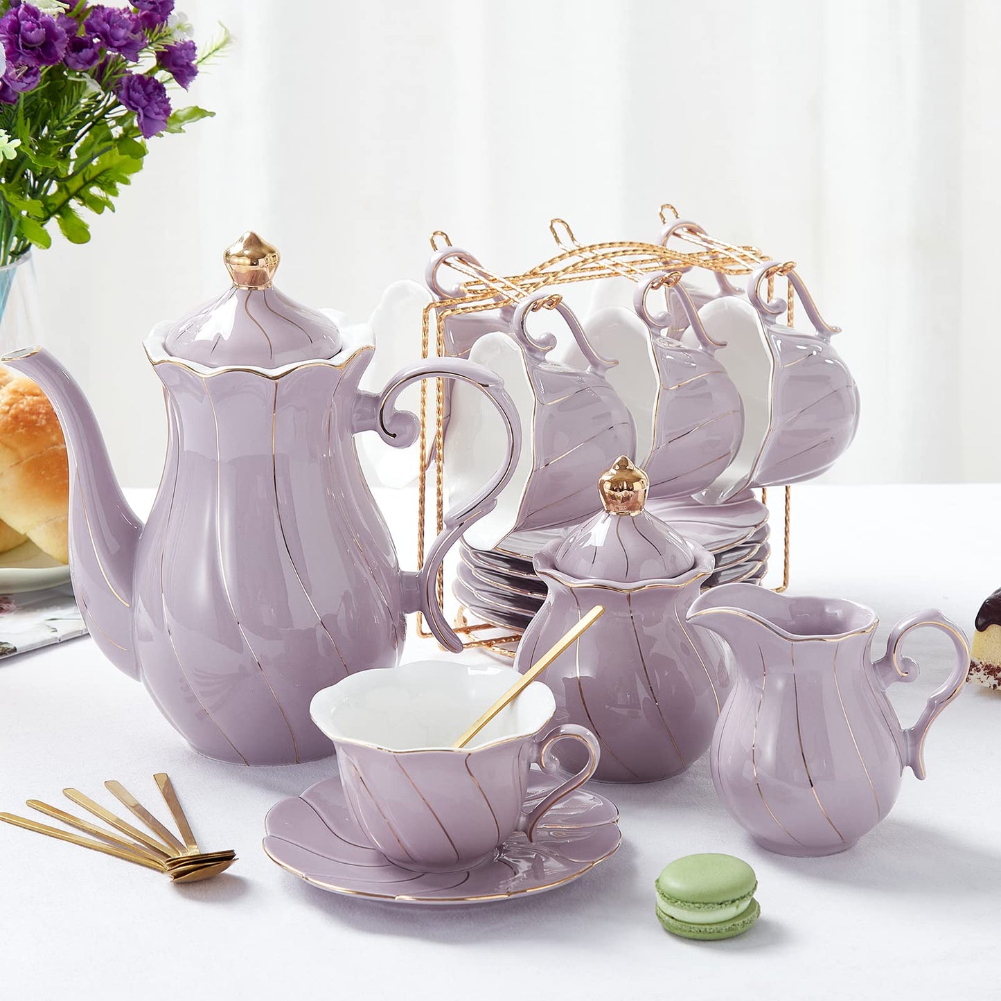DUJUST 22 pcs Porcelain Tea Set for 6, Luxury British Style Tea/Coffee Cup Set with Golden Trim, Beautiful Tea Set for Women, Tea Party Set, Gift Package (With a Stand) - Purple