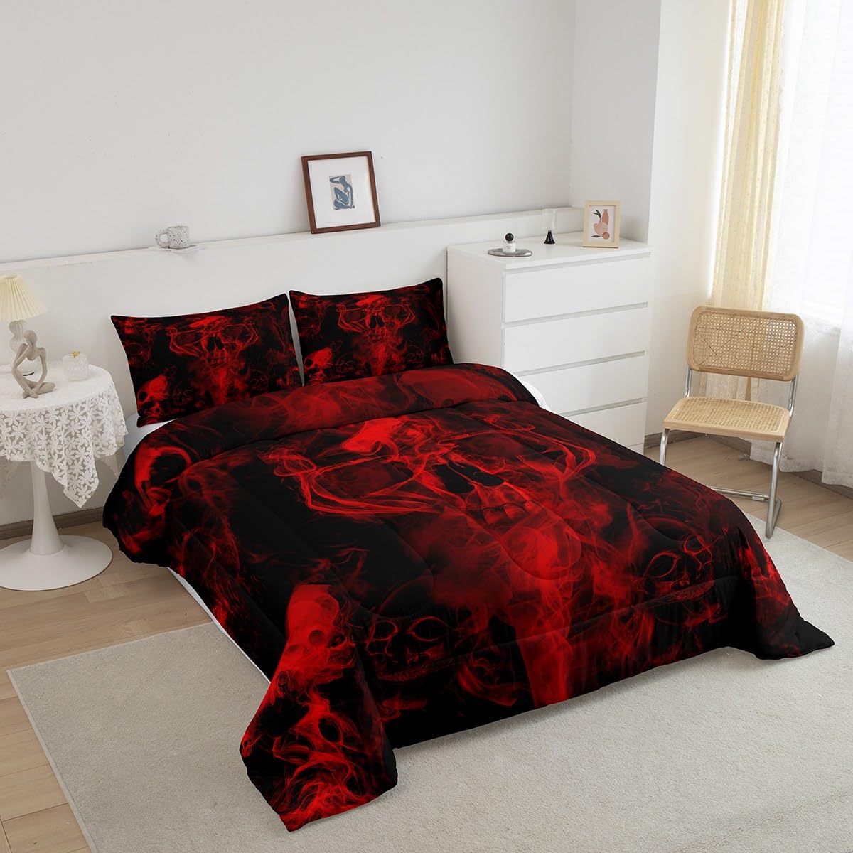 Gothic Skull Bedding Set Red and Black Skeleton Comforter Set Queen For Kids Boys Teen Men,Psychedelic Goth Skull Quilted Duvet Trippy Smoke Halloween Horror Down Comforter Bedroom Decor 2 Pillowcases