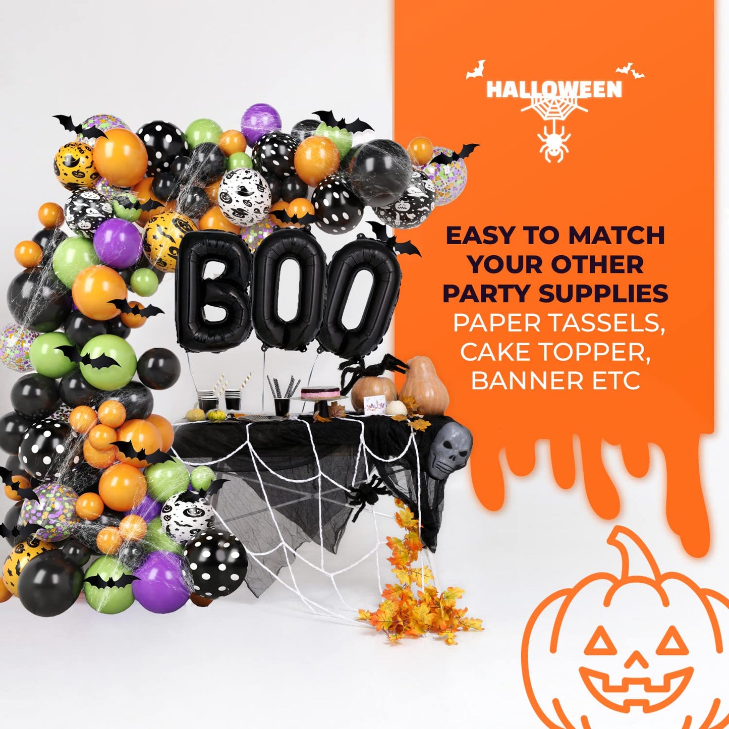 Halloween Balloon Garland Arch Kit – 98 Pcs Black, Orange, Green, Violet Latex + Bat, Pumpkin & BOO Foil Balloons with Accessories – Spooky Party Decor – DIY Kit by Vellax®