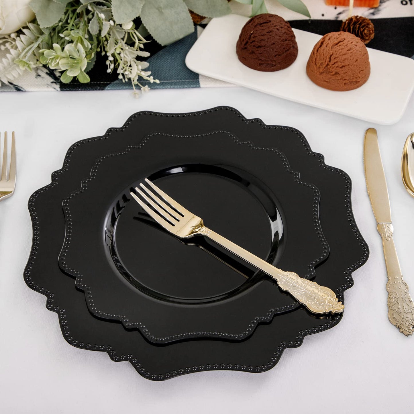 COLOSUS Black Plastic Plates Set,Heavy Duty Black Disposable Plates for 30 guests,Include 30PCS 10.5inch Dinner Plates and 30PCS 8.25 inch Dessert Plates for Halloween Party/Wedding/New Year/Birthday