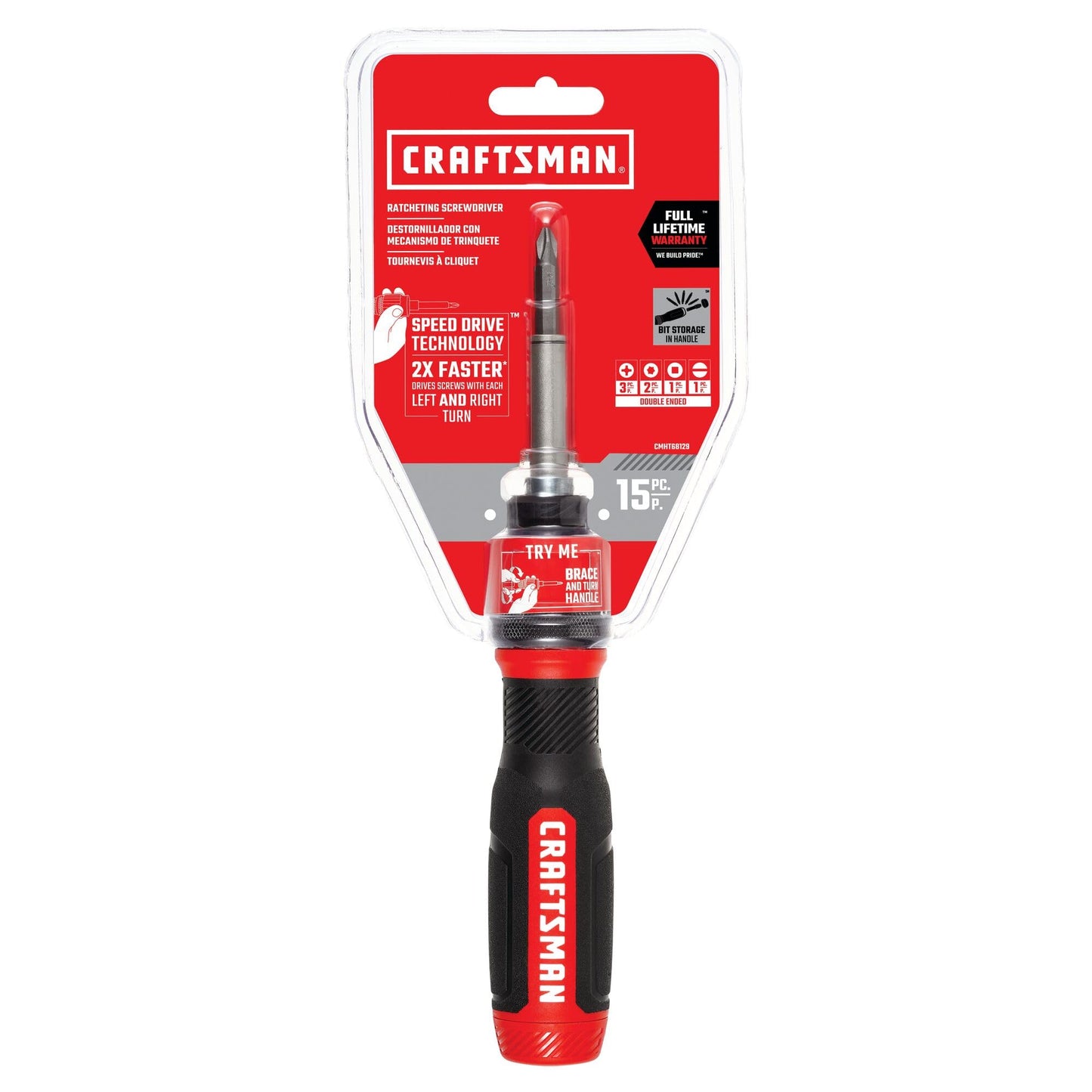 CRAFTSMAN Ratcheting Screwdriver, SpeedDrive, 2” Double Ended Bits Included, Handle Holds Up To 6 Bits (CMHT68129)