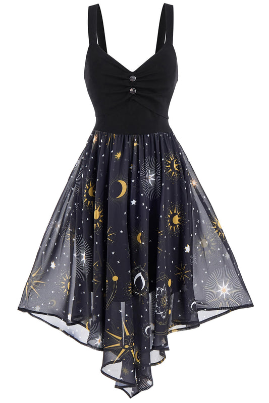 FEAPHY Women's Vintage Chiffon Sun Moon Star Sleeveless A-Line High Low Dress (0-Galaxy-Black, M)