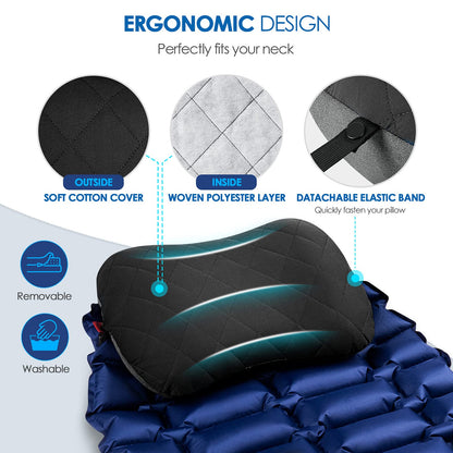 Hikenture Camping Pillow with Removable Cover - Ultralight Inflatable Pillow for Neck Lumbar Support - Upgrade Backpacking Pillow - Washable Travel Air Pillows for Camping, Hiking, Backpacking (Black)
