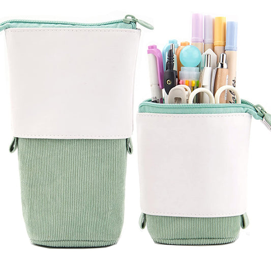 Friinder Telescopic Pencil Bag Pen Holder Stationery Case, PU Corduroy Stand-up Retractable Transformer Bag Colorful Organizer, Great for Christmas Holiday (Green)