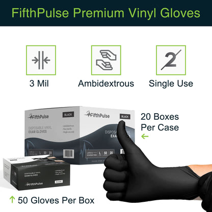 FifthPulse Black Vinyl Disposable Gloves Medium 50 Pack - Latex Free, Powder Free Medical Exam Gloves - Surgical, Home, Cleaning, and Food Gloves - 3 Mil Thickness
