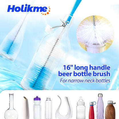 Holikme Bottle Brush Tube Cleaning Lab Set with Long Handle, Cup Cleaner for Washing Narrow Neck Beer Wine Decanter Pipes Lids Sinks Cap Covers, White