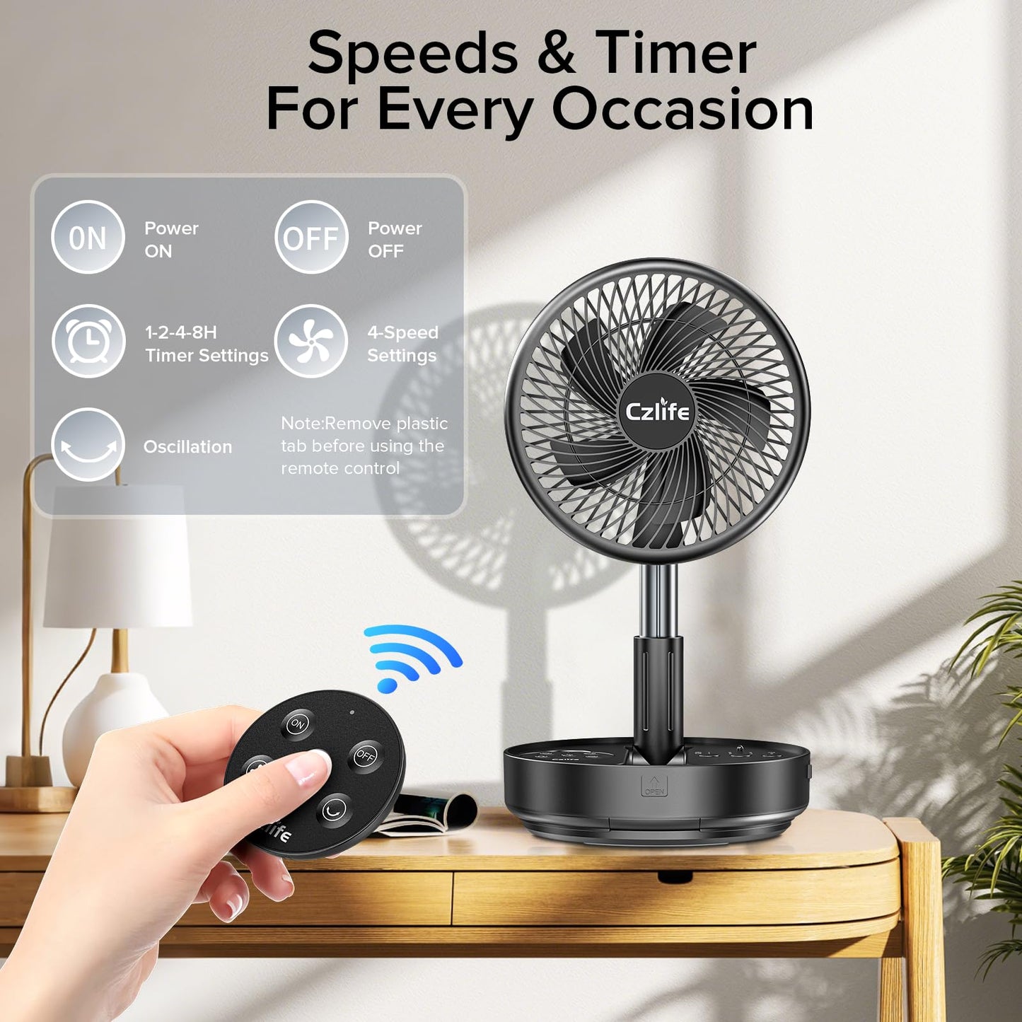 Czlife F9 Portable Fan, 10000mAh Rechargeable Battery Powered for Travel Sleeping Camping Bedroom Outdoor, Cordless Floor Desk Fan, Oscillating Folding USB Fan with Remote, 4 Speed, Timer, 7.7"