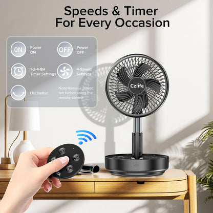 Czlife F9 Portable Fan, 10000mAh Rechargeable Battery Powered for Travel Sleeping Camping Bedroom Outdoor, Cordless Floor Desk Fan, Oscillating Folding USB Fan with Remote, 4 Speed, Timer, 7.7"