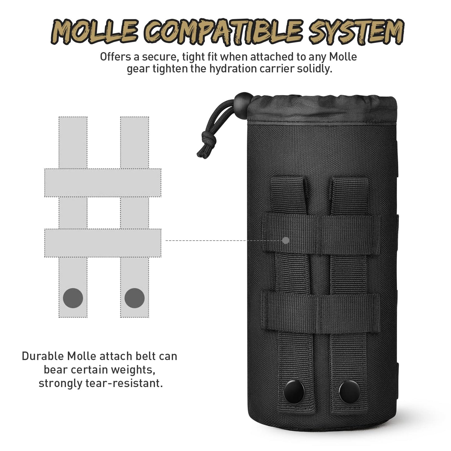 Gonex Tactical Military MOLLE Water Bottle Pouch, Drawstring Open Top & Mesh Bottom Travel Water Bottle Bag Tactical Hydration Carrier Black