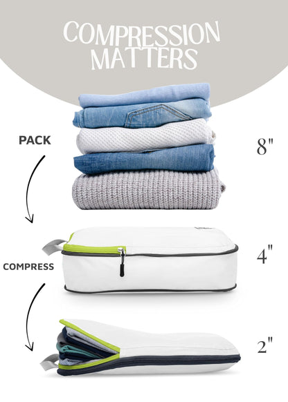 Compression Packing Cubes 2 Piece Set for Travel - Lightweight, Durable Clothes Organizer for Carry-On Luggage and Backpacks by TRIPPED Travel Gear (White and Green)