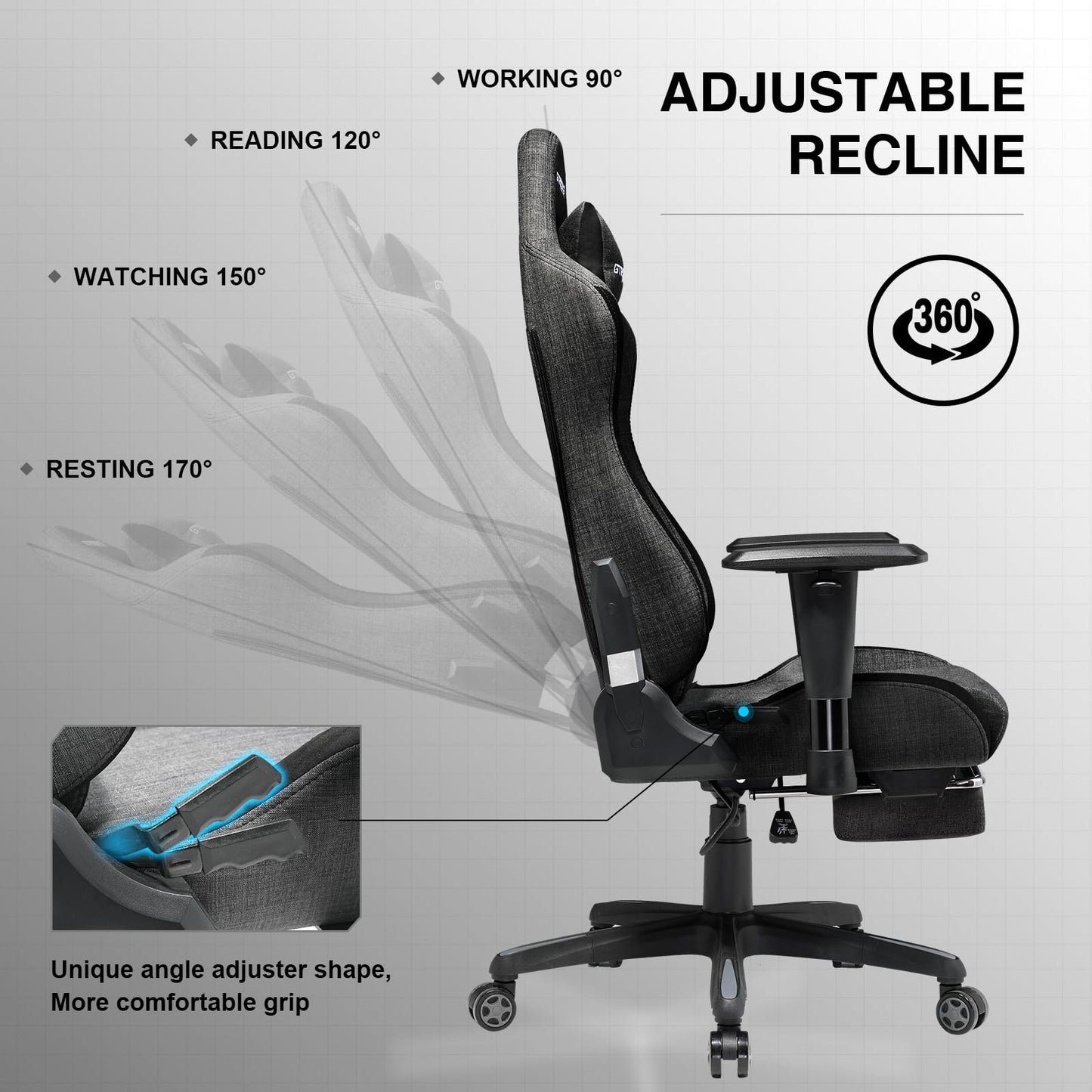 GTRACING Gaming Chair with Footrest, Fabric Breathable Big and Tall Ergonomic Computer Chair 350 lbs with Adjustable Lumbar Support and Recliner, High Back Game Chair for Office Gaming, Darkgray