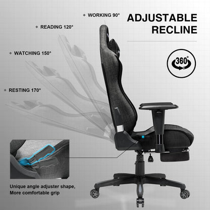 GTRACING Gaming Chair with Footrest, Fabric Breathable Big and Tall Ergonomic Computer Chair 350 lbs with Adjustable Lumbar Support and Recliner, High Back Game Chair for Office Gaming, Darkgray
