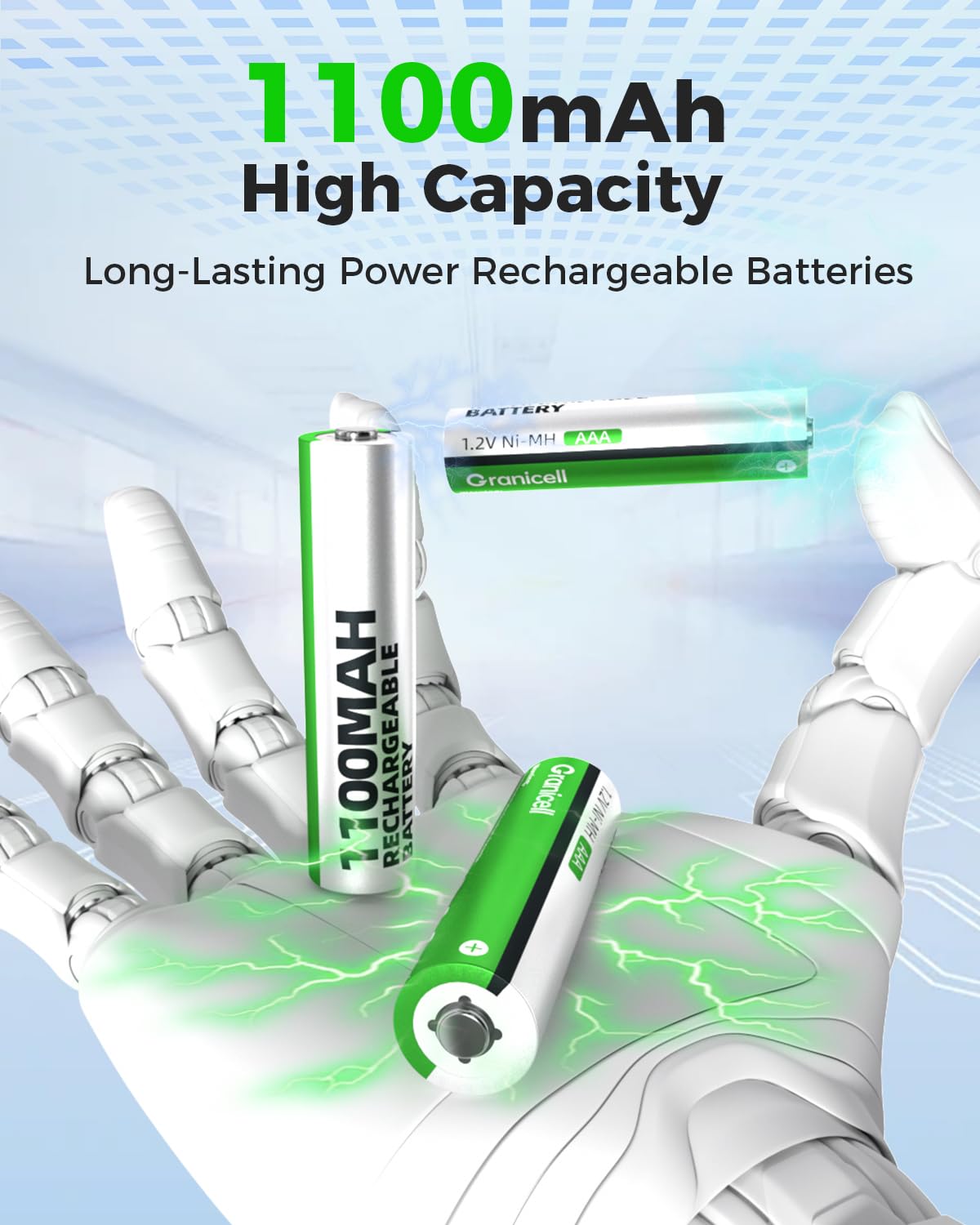 Granicell Rechargeable AAA Batteries with Charger,8 Pack 1100mAh Low Self Discharge Triple A Batteries with 8 Bay AA AAA Smart Battery Charger for Ni-MH Ni-CD,Independent Slot