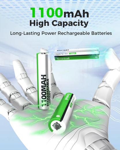 Granicell Rechargeable AAA Batteries with Charger,8 Pack 1100mAh Low Self Discharge Triple A Batteries with 8 Bay AA AAA Smart Battery Charger for Ni-MH Ni-CD,Independent Slot