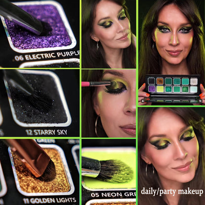 Green Eyeshadow Makeup Palette, 12 Color Green Holographic Glitter Eyeshadow with Matte Shimmer Finish for Hazel Eyes, High Pigment Silky Long Last Neon Yellow Blue Eye Shadow for Daily,Party,Cos,Goth