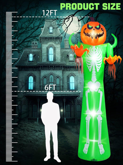 Kalolary 12FT Halloween Inflatable with LED Light, Giant Pumpkin Halloween Outdoor Decoration Scary Pumpkin Skeleton Blow up Inflatable for Home Family Party Halloween Holiday Yard Lawn Indoor Decor