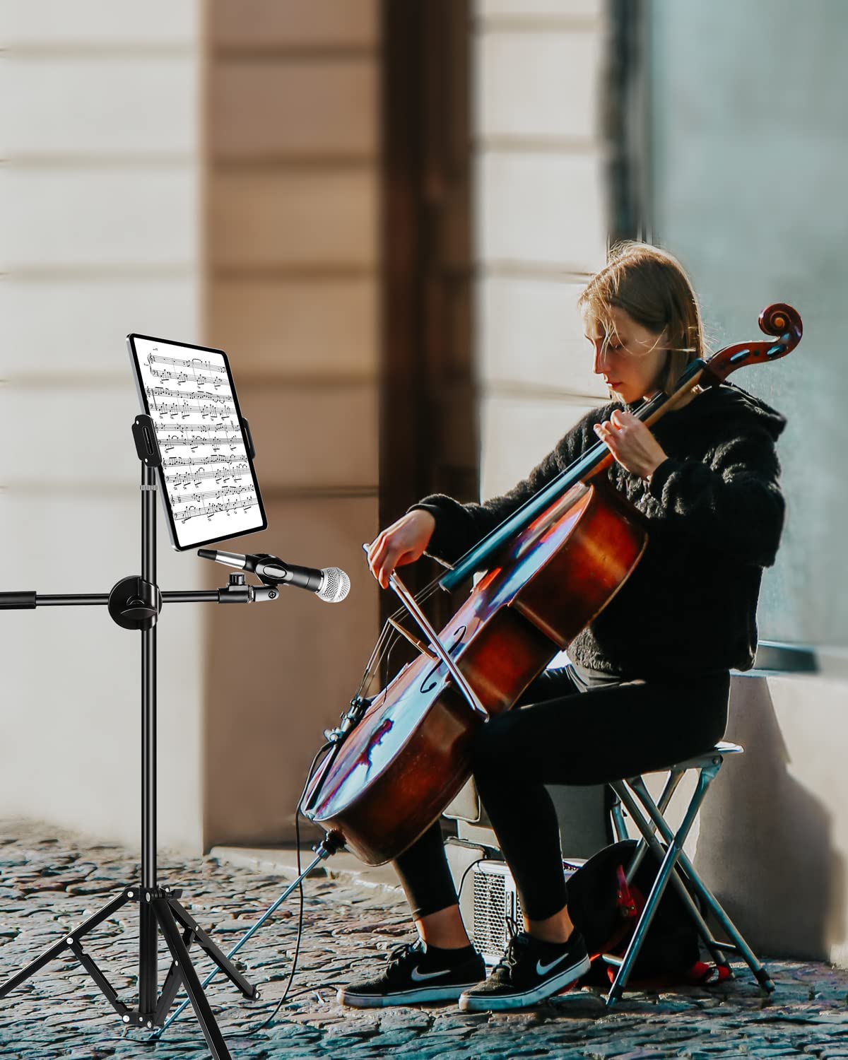 elitehood Aluminum iPad Holder for Mic Stand, Side Mount iPad Music Stand Holder for Microphone, 360° Swivel Tilt Adjustable Mic Tablet Mount for 4-13in iPhone, Cell Phones and Tablets