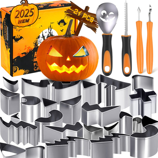 Halloween Pumpkin Carving Kit, 21 PCS Safe and Easy Pumpkin Carving Tools with Stainless Steel Stencils for Halloween Decoration, DIY Cookie Cutters for Kids Adults