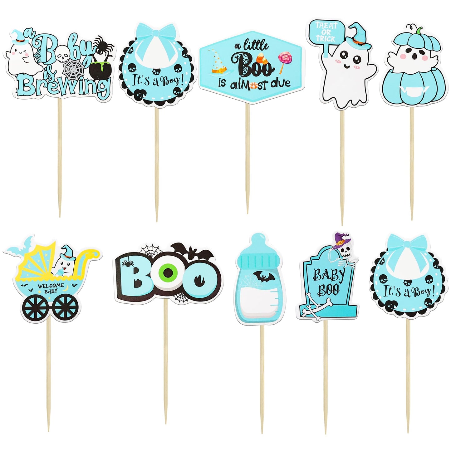 Gyufise 36Pcs Baby Shower Halloween Cupcake Toppers Ghost Bat A Baby is Brewing Cupcake Picks Baby Boo It's a Girl Cake Decorations for Halloween Theme Baby Shower Girls Birthday Party Supplies Blue