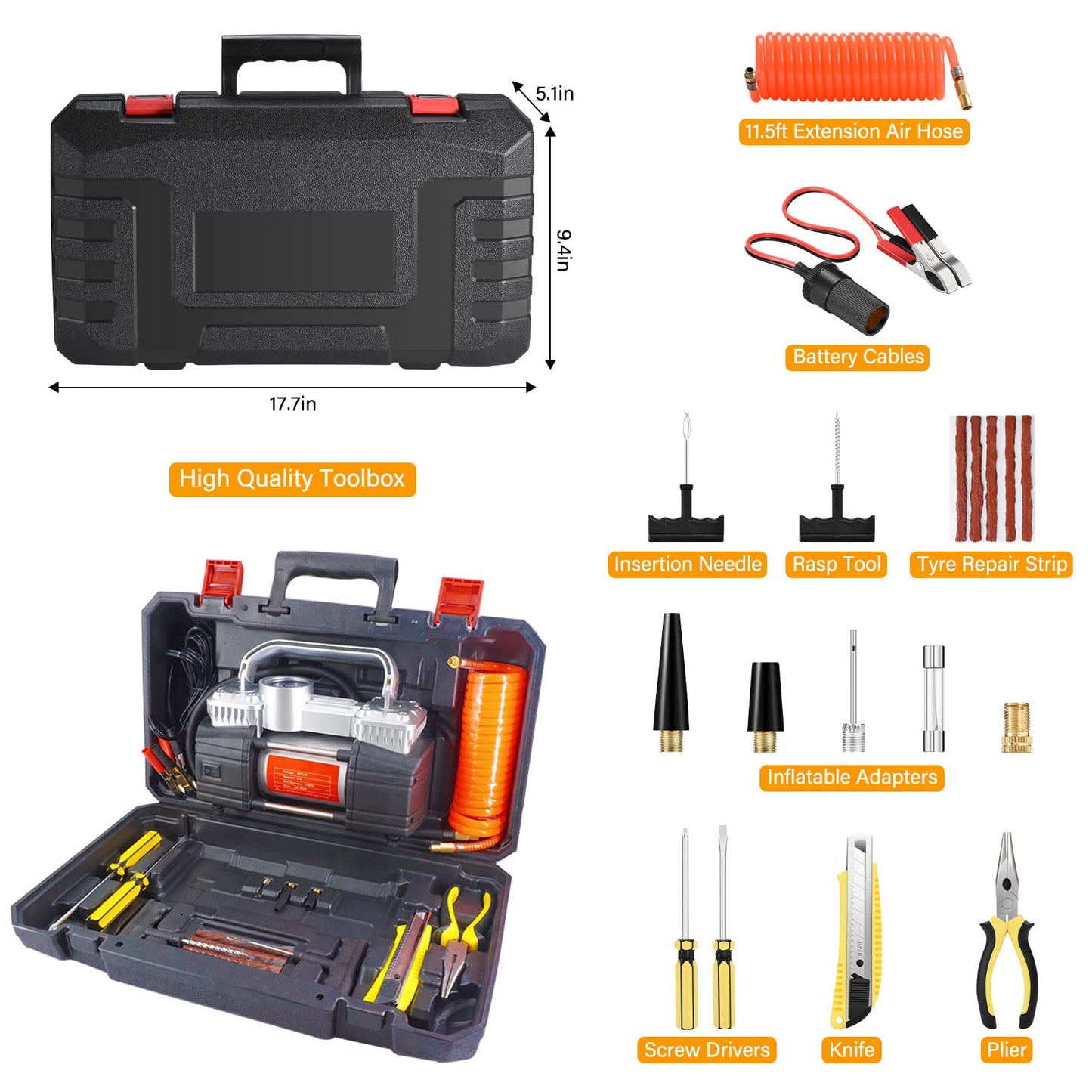 GSPSCN Portable Air Compressor Pump Dual Cylinder Heavy Duty Tire Inflator with LED Light,150 PSI 12V Air Pump with Tire Repair Kit and Toolbox for Auto,SUV,Truck tires etc Silver