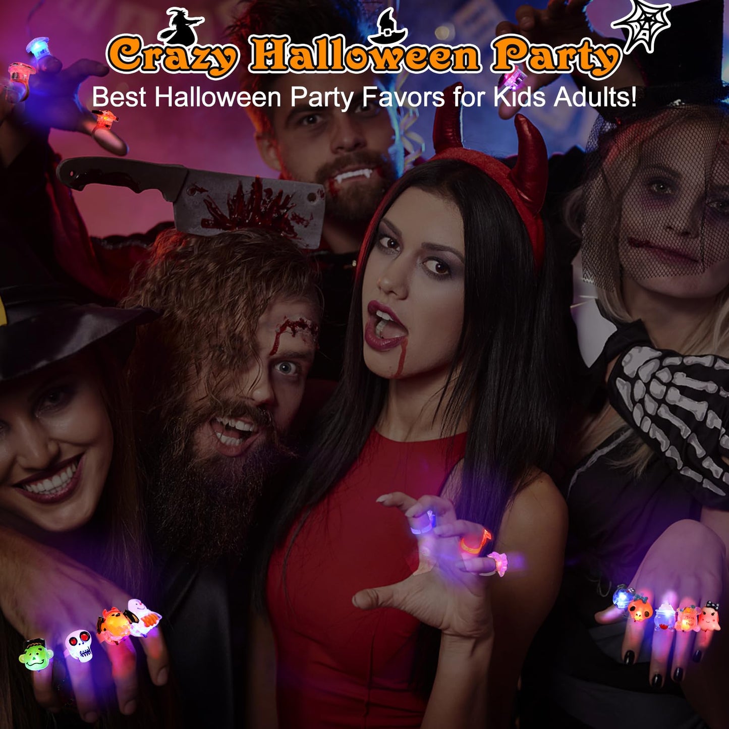 50pcs 3D Halloween Treats Toys Bulk Light Up Rings Gifts Halloween Party Favors for Kids Flashing LED Glow In The Dark Party Supplies Goodie Bag Fillers Stuffers Non Candy Treats Prizes Decorations