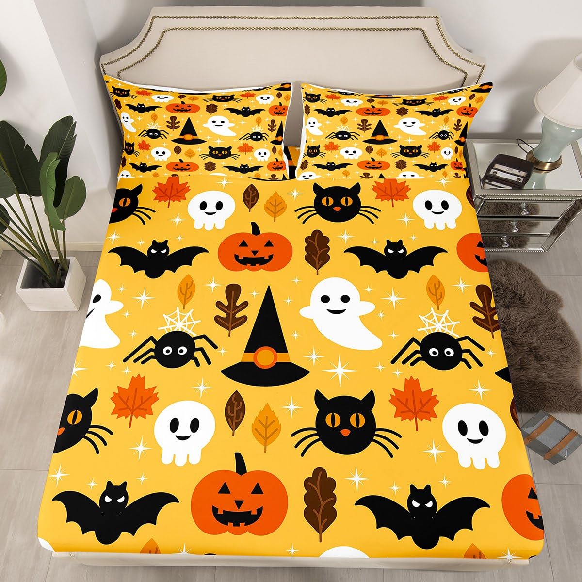 Erosebridal Halloween Bed Sheet Set Full Cartoon Pumpkin Fitted Sheet Lantern Bedding Set Ghost Quilt Set for Kids Boys Girls 4 Pcs Bed Cover (1 Fitted Sheet,1 Flat Sheet,2 Pillowcases) Orange
