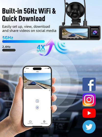 3 Channel 5G WiFi Dash Cam, 4K+1080P+1080P Dash Cam Front and Rear Inside with 64GB Card, 3.16” IPS Screen, G-Sensor, Loop Recording, Parking Monitor, 170° Wide Angle, IR Night Vision, WDR, Silver