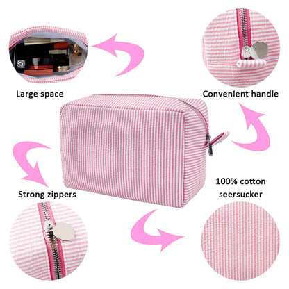 GFU Cosmetic Bag for Women, Large Makeup Bag, Travel Toiletry Stripe Cosmetic Bag, Seersucker Women Aesthetic Organizer Storage Pouch, Girls Handbags Purses (Pink)