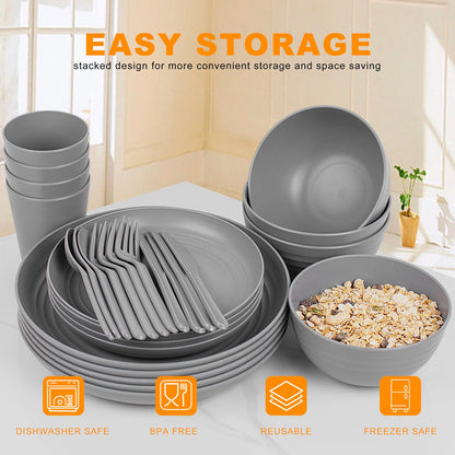 EI 42pcs Wheat Straw Dinnerware Set,Reusable Plastic Plates Unbreakable,Plates and Bowls Sets for College Dorm Room,Camping,Picninc,Halloween