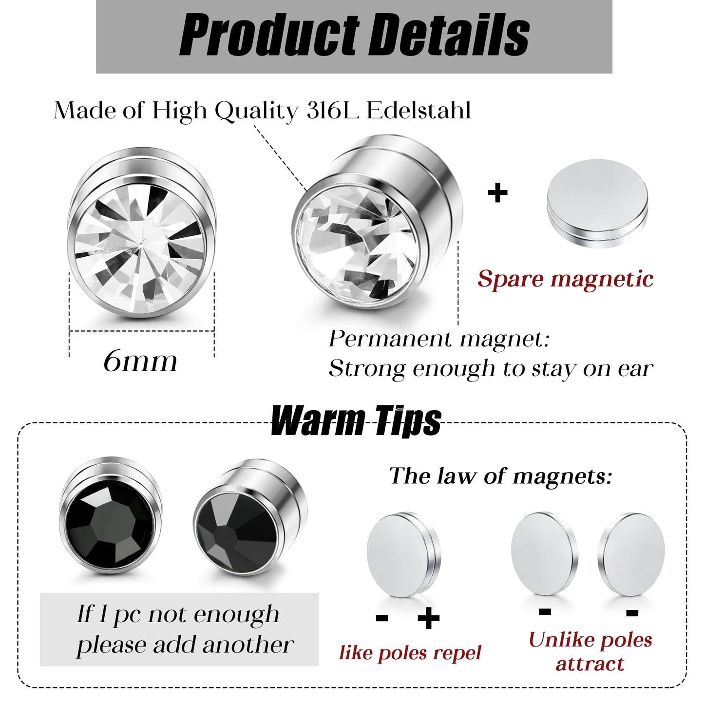 Finrezio 20 Pairs of 6 mm Magnetic Stud Earrings for Women Magnetic Earrings Colourful Crystal Non-Pierced Earrings Without Pierced Earrings, Crystal, 0