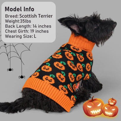KYEESE Halloween Dog Sweater with Leash Hole Cute Pumpkin Design Winter Warm Turtleneck Cozy and Comfortable Orange Knitwear for Small Dogs Boy Fall Holiday Apparel Halloween Doggy Sweater, Large