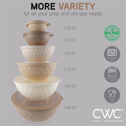 COOK WITH COLOR Mixing Bowls with Lids - 12 Piece Plastic Nesting Bowls Set includes 6 Prep Bowls and 6 Lids, Diamond Design - Microwave Safe