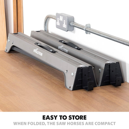 Evolution Power Tools Compact Folding Saw Horses Twin Pack (Aka Saw Bench, Sawhorse Pair) - Supports Up to 500KG - Lightweight & Portable (EVOSH1)