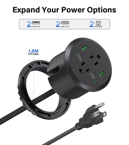 Desktop Power Grommet 3-inch Hole,40W Total Fast Charging Station, 2 PD 20W USB C Port,Flush-Mount Recessed Power Strip, 2 AC Outlets,4 USB Ports,in to The Top of Your Desk,6ft Cord