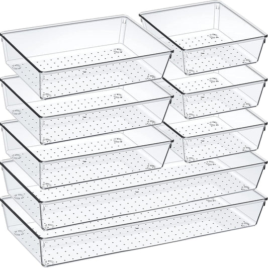 Criusia Drawer Organizer Set, Acrylic Non Slip Non Cracking Kitchen Drawer Storage Tray Large Size Divider, Multifunctional Storage for Cosmetics, Bathroom, Tools, Kitchen and Office (8 PACK)