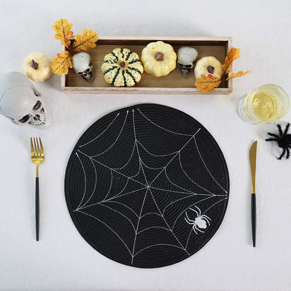 Feuille Round Halloween Placemats Set of 4 13.5 Inch Spider Web Placemats for Round Tables Black and White Spider Placemats Perfect for Halloween Decorations Indoor